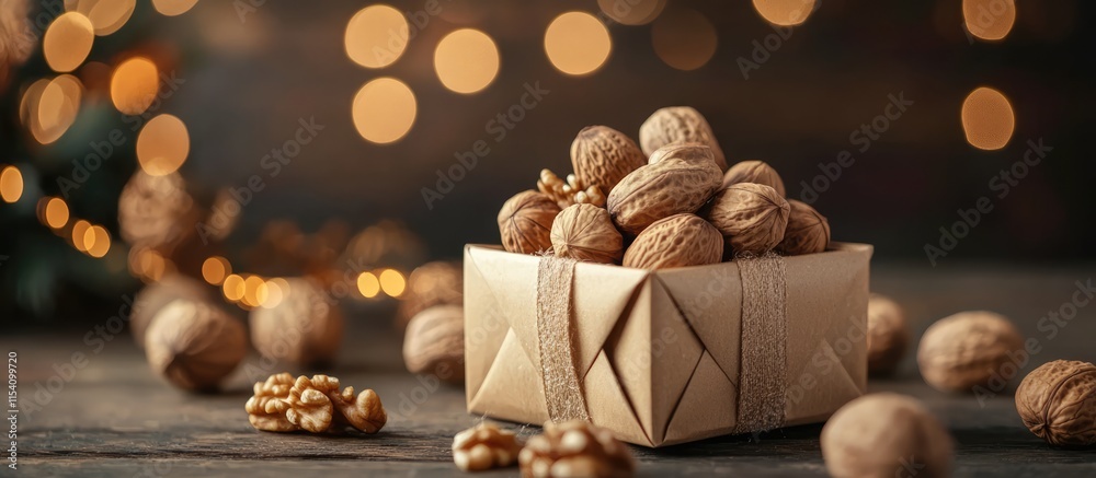 Poster elegant gift box filled with assorted nuts decorated for a festive evening celebration with warm bok