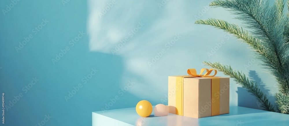 Poster colorful gift box with decorative elements on a bright blue background creating a festive and cheerf