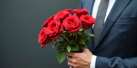 businessman with a bouquet of red roses close-up