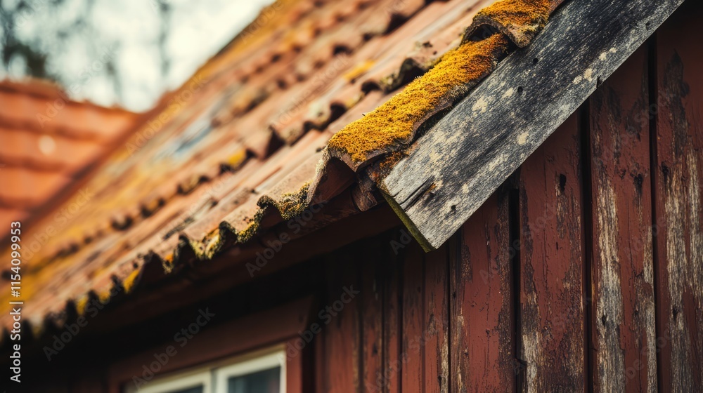 Poster rustic wooden building detail with moss-covered roof tiles showing the passage of time and nature's 