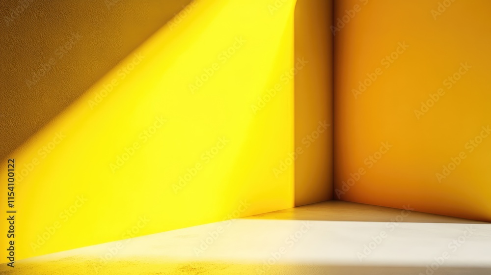 Poster illuminated yellow wall corner showcasing geometric shapes with contrasting light and shadow for cre