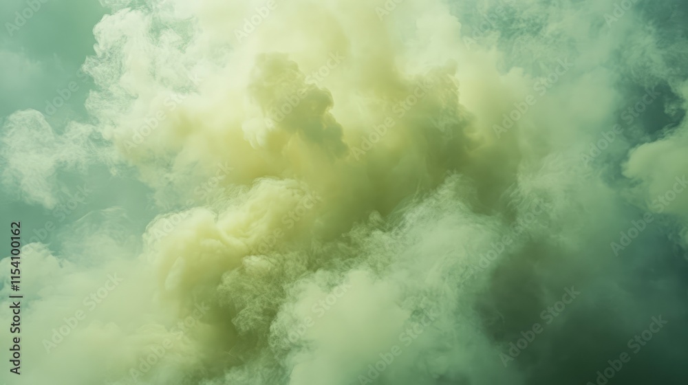 Poster Mysterious green fog with swirling yellow smoke creating an ethereal atmospheric scene in an overcast sky