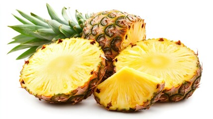 Fresh and vibrant pineapple with slices showcasing juicy yellow flesh against a bright white background ideal for tropical food themes.