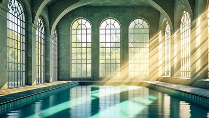A tranquil indoor pool bathed in warm sunlight, reflecting through large windows. The peaceful atmosphere evokes relaxation and calmness, inviting a moment of escape from daily life.