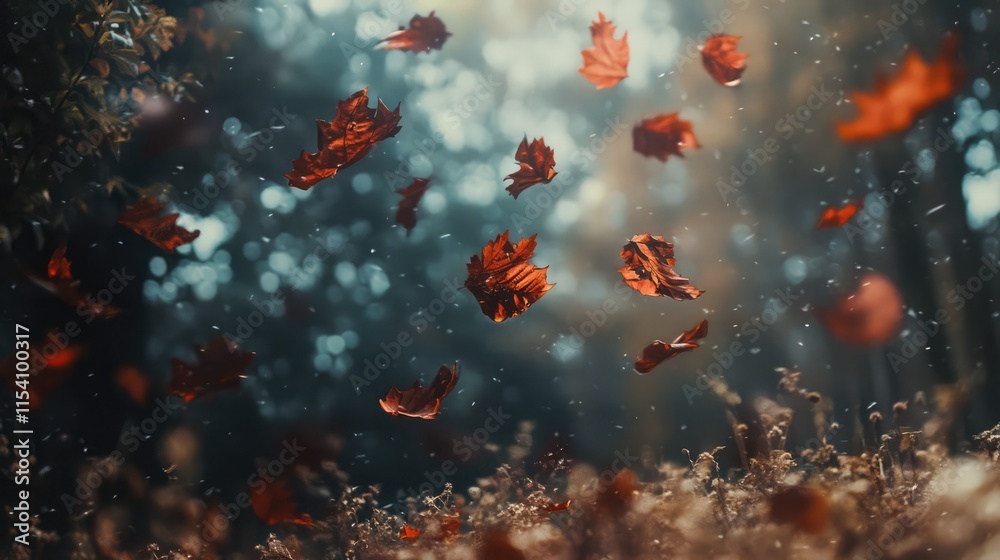 Poster Autumn leaves falling in a serene forest with soft sunlight filtering through the trees creating a magical atmosphere in nature