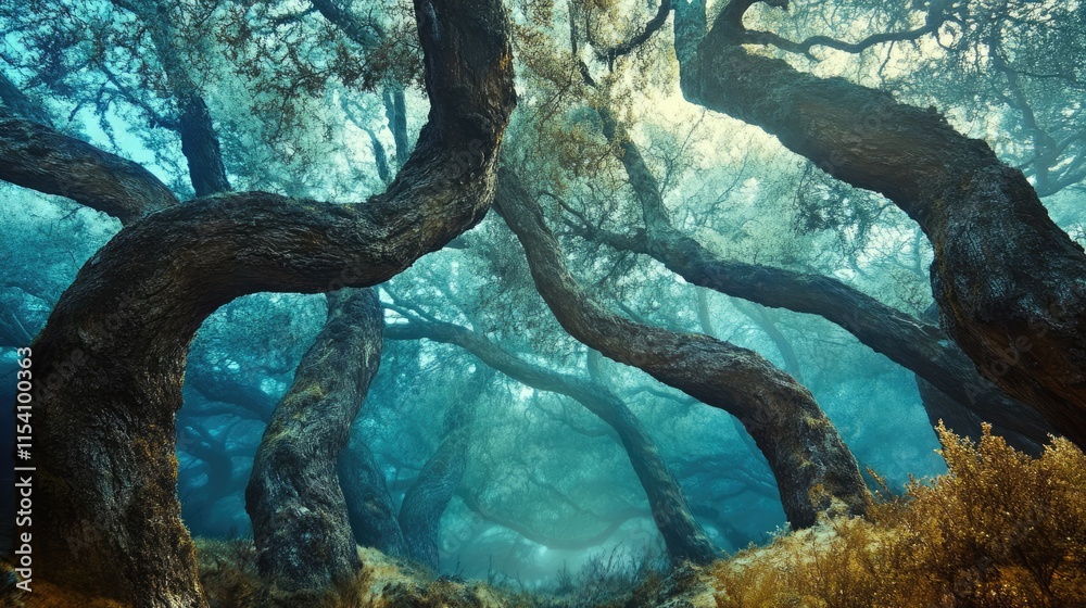 Aufkleber Twisted ancient trees in a mystical forest with ethereal light filtering through the dense foliage creating an enchanting atmosphere