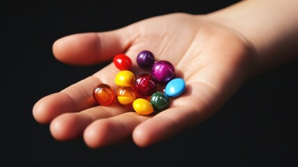 Colorful capsules and pills in a palm representing health, wellness, and medication choices in a creative, artistic display.