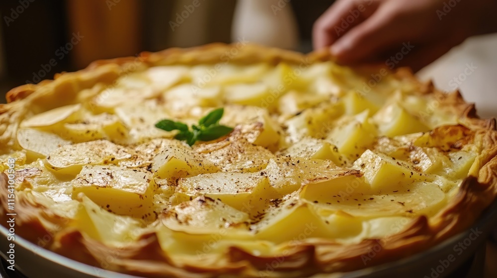 Poster ossetian pie with creamy cheese and sliced potatoes freshly baked on a rustic wooden table