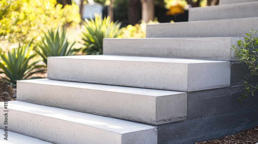 Aufkleber Modern concrete steps in a landscaped outdoor setting with greenery and natural light showcasing functional architecture and design elements.