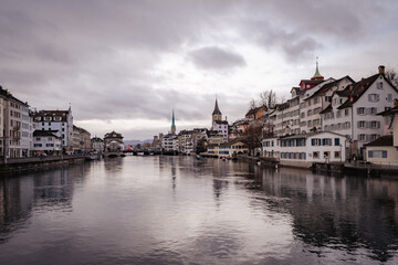 Zurich, Switzerland cityscape along the Limmat River, taken in winter