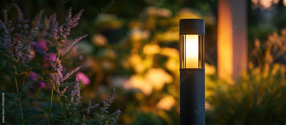 Poster elegant outdoor lamp illuminating garden with soft blurred background enhancing evening aesthetics a