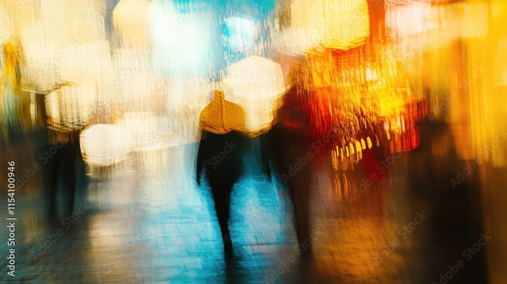 Poster Blurred abstract background depicting walking figures in vibrant urban lights for use in articles or creative projects about movement and life