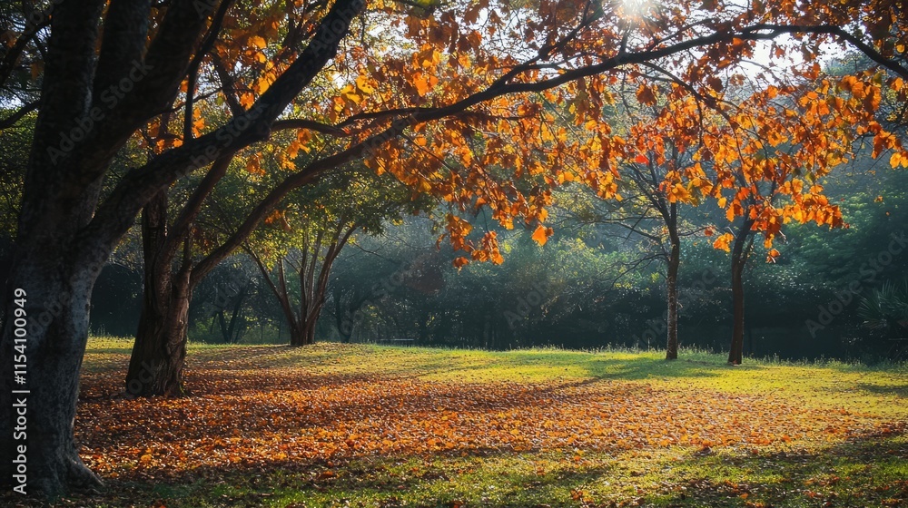 Poster autumn landscape with colorful leaves and sunlight filtering through trees in a serene outdoor park 