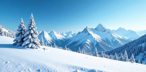 Obraz premium Snowy mountain landscape with blue sky and mountains in the background, landscape, winter wonderland, peaceful