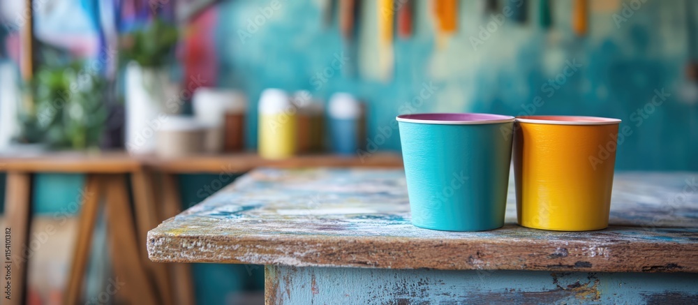Poster paint color samples in vibrant pots on a rustic workbench perfect for inspiring home decoration and 