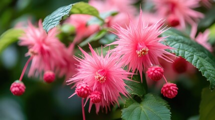Vibrant pink and red spiky flowers blooming amidst lush green foliage in a tranquil garden setting.