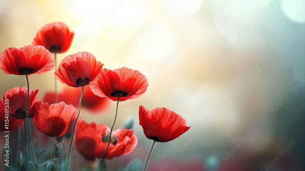 Poster Abstract blurred background with vibrant red flower petals creating a dreamy and soft focus floral composition for creative design projects.