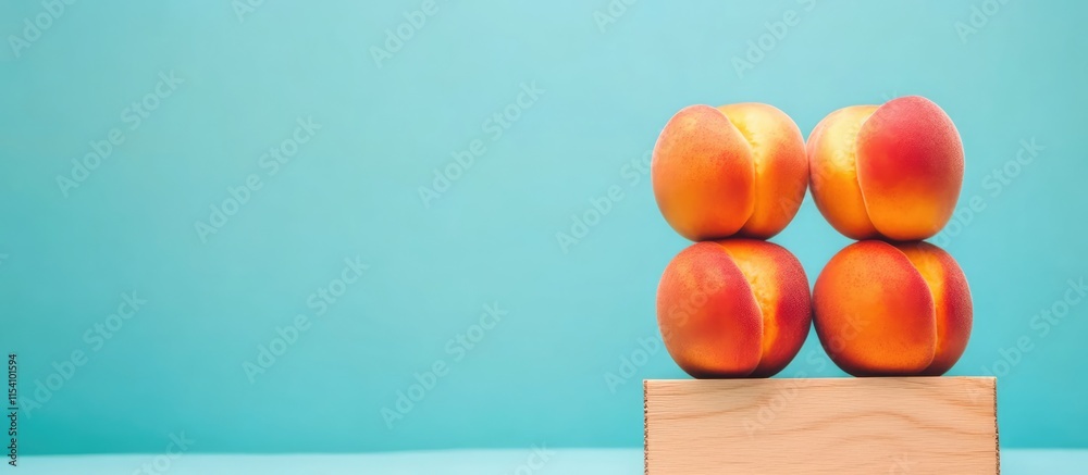 Poster Fresh peaches arranged in a modern flat lay on a pastel blue backdrop with wooden elements and ample copy space for creative design use