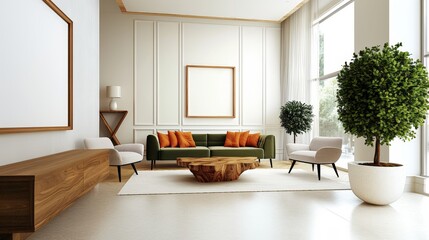 Fototapeta premium Green sofa with vibrant orange cushions. Natural wood coffee table. Wall with blank frame. 
