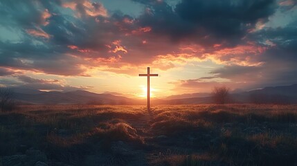 Obraz premium A cross in the middle of an open field with a dramatic sky and sunset.