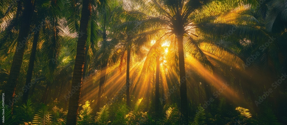 Aufkleber Sunset rays filtering through a lush palm grove creating a mystical and serene atmosphere in nature's tranquil setting
