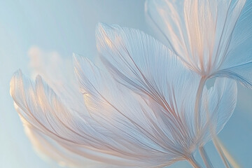 Close-up of delicate dandelion seeds in the wind, sepia tones, white background, macro photography, soft focus, subtle, minimalist, elegant, beautiful, soft lighting