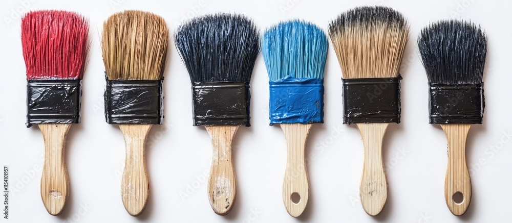 Aufkleber Macro view of used paint brushes on a white background showcasing bristle details and ample space for design or text overlay