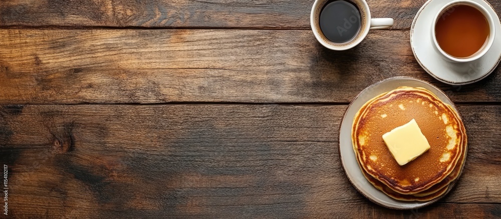 Poster pancakes topped with butter and maple syrup served alongside coffee on a rustic wooden table perfect
