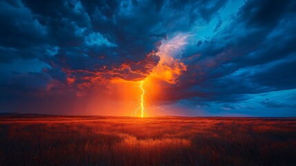 Fiery Sunset Lightning Strike Over Grassland Field
