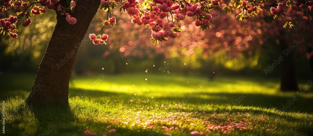Poster blossoming cherry trees in a serene park with soft sunlight filtering through the leaves