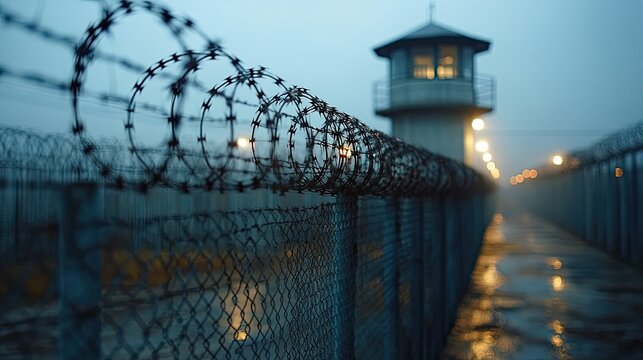 Guard tower in prison and barbed wire fence on jail border. with copy space