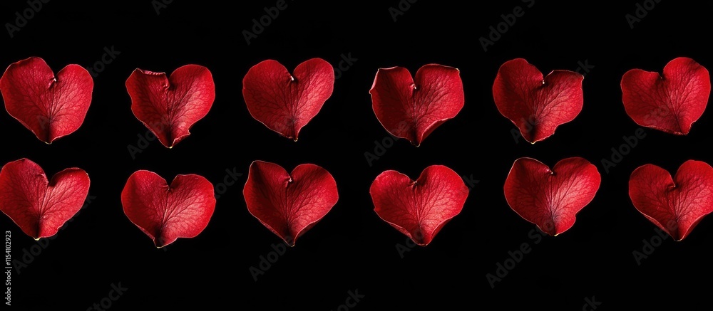 Poster red heart pattern made from rose petals on black background ideal for greeting card design romantic 