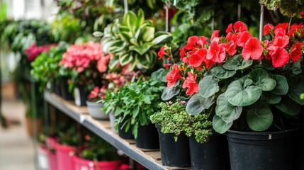 Diverse assortment of vibrant red ornamental plants and flowers in pots displayed in a garden center setting perfect for landscaping ideas