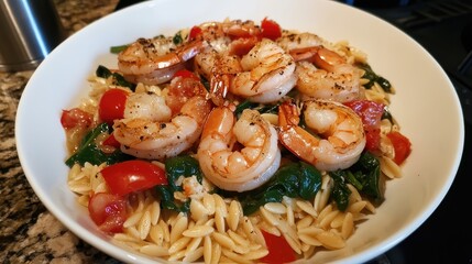 Shrimp Orzo Pasta with Spinach and Tomatoes in a Gourmet Seafood Dish