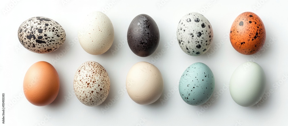 Aufkleber Colorful painted eggs arranged in a flat lay on a white background with negative space for a minimalist and festive look