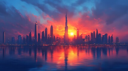 Vibrant sunset over a modern city skyline reflected in calm water.