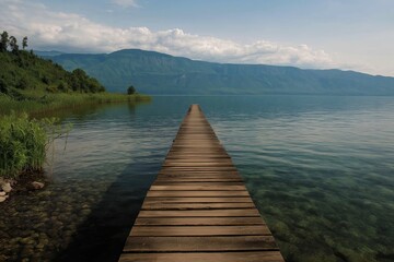 A plain wooden bridge stretching across a vast, calm lake.