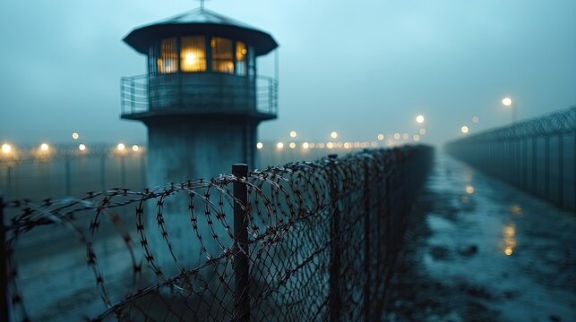Guard tower in prison and barbed wire fence on jail border. with copy space