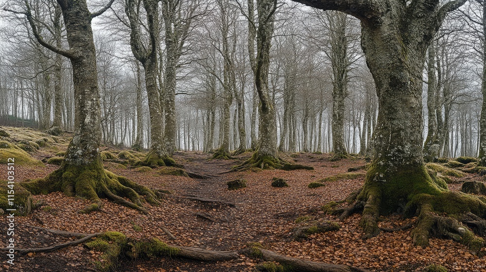 Poster otzarreta beech forest in winter misty atmosphere with tree trunks and roots covered in moss amidst 