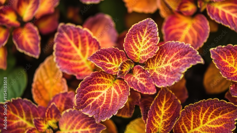 Poster vibrant close-up of colorful plant leaves showcasing intricate patterns and textures in a lush outdo