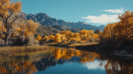 Serene autumn landscape with vibrant fall foliage reflecting on tranquil water and majestic mountains in the background