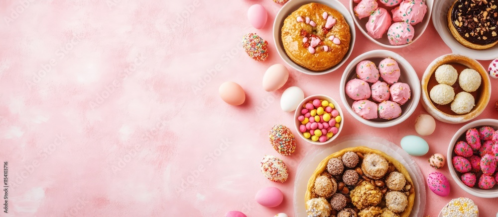 Poster delicious assortment of colorful pastries and sweets for easter celebration on a pink background wit