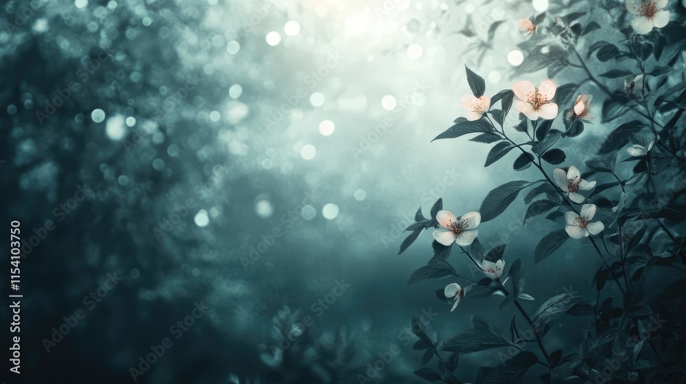 Poster Serene forest and flower bokeh background with soft focus textures ideal for nature-themed designs and artistic backdrops.