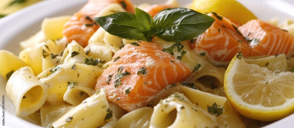 Poster pasta with smoked salmon topped with basil cream sauce and fresh lemon slices on a white plate
