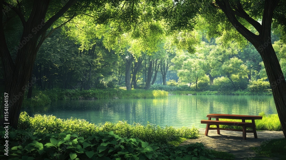 Poster Tranquil park setting with serene lake and lush greenery inviting relaxation and rejuvenation in nature's embrace.