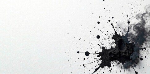 isolated burning white paper with black ink splatters, ash, dark ink