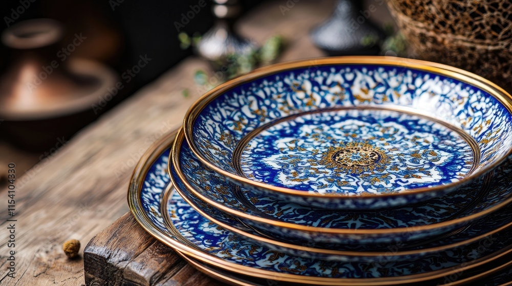 Aufkleber elegant ottoman style serving plates displayed on rustic wooden table with intricate blue and gold p