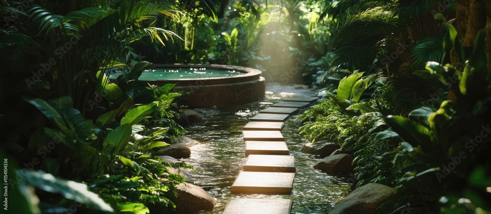 Poster serene pathway through vibrant greenery guiding to an elegant jacuzzi featuring stepping stones and 