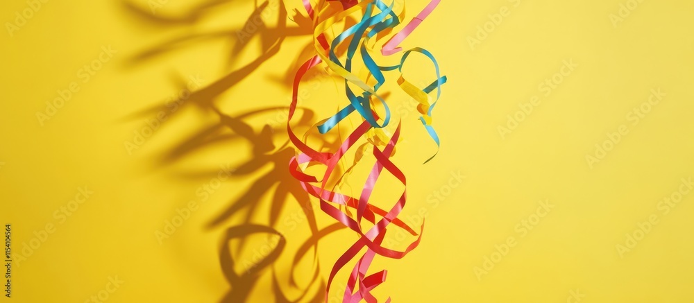 Poster colorful party streamers creating dynamic shadows on a vibrant yellow background suitable for celebr
