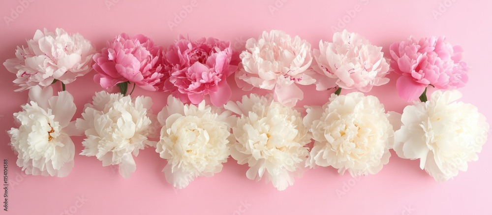 Poster peony flowers bouquet in soft pink and white arranged on a pastel pink background with ample copy sp